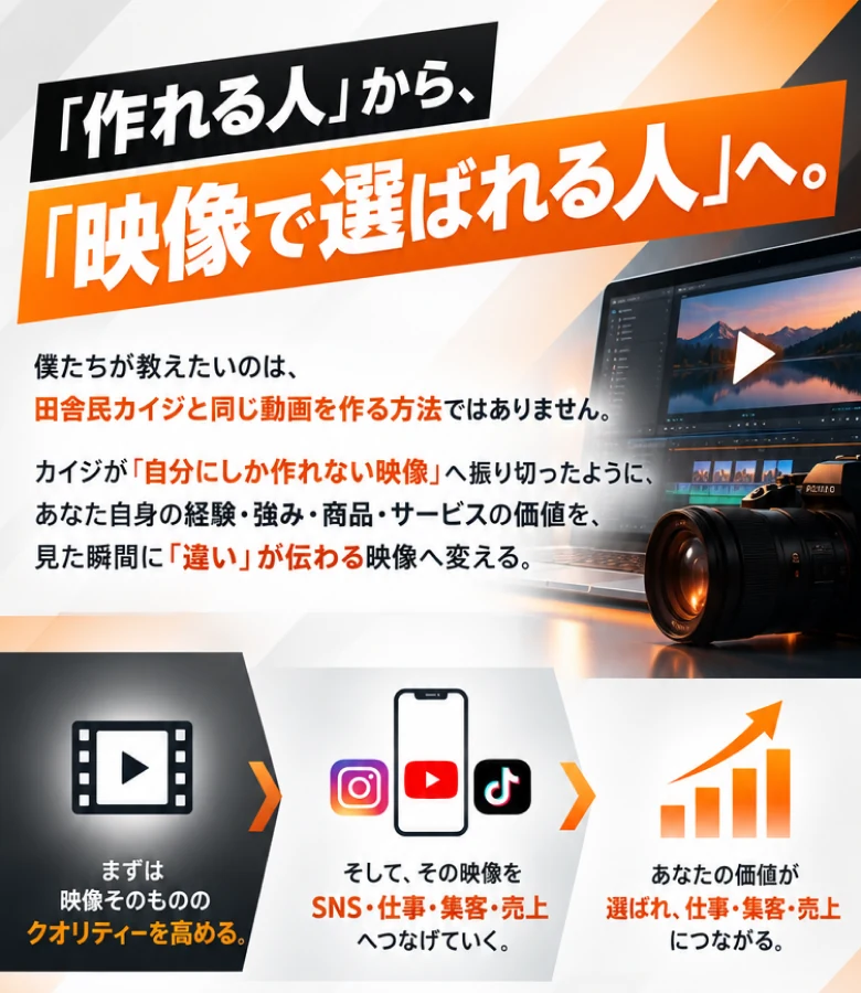 「作れる人」から、「映像で選ばれる人」へ。まずは映像そのもののクオリティーを高める。そして、その映像をSNS・仕事・集客・売上へつなげていく。あなたの価値が選ばれ、仕事・集客・売上につながる。